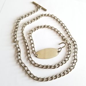 Long silver tone chain - belt or watch chain? Necklace? Engraveable plate